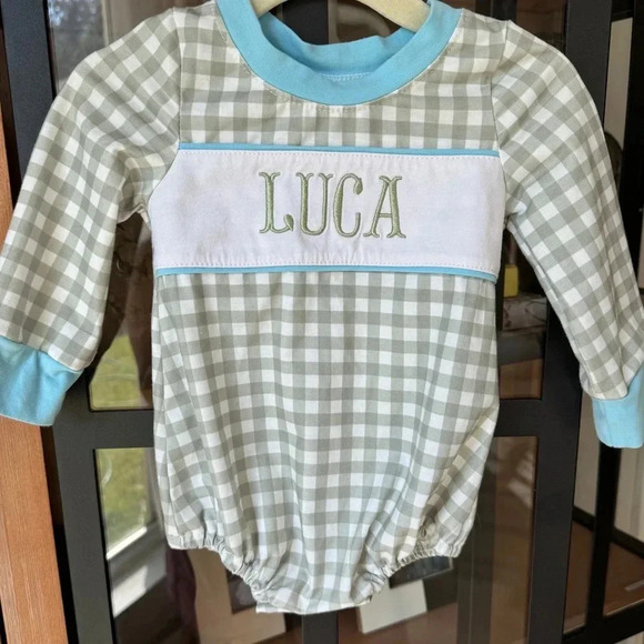 Luca onesie embroidered long sleeve romper gingham sage baby boy smock bubble - Picture 1 of 5
